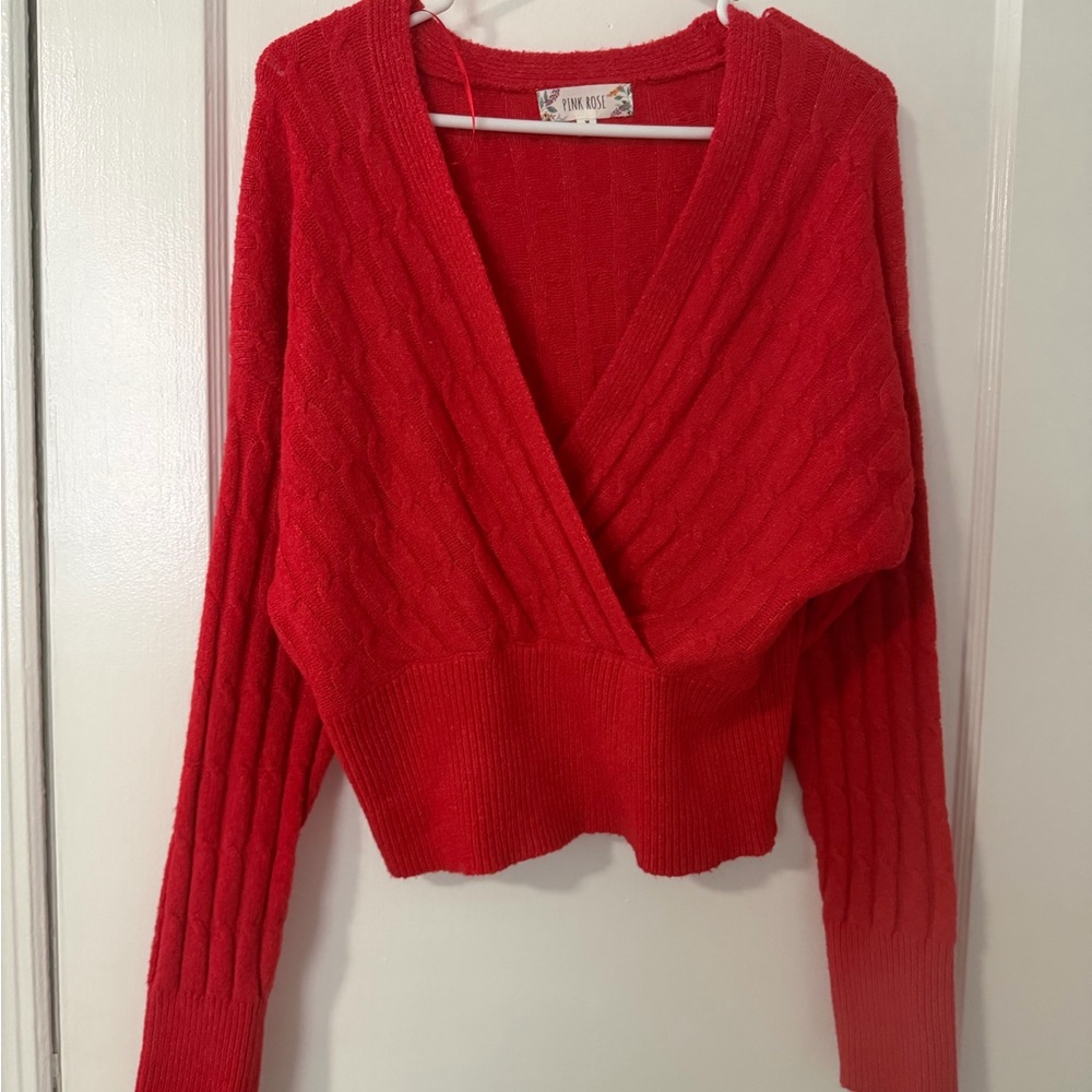 Pink Rose Vibrant Red V-Neck Sweater